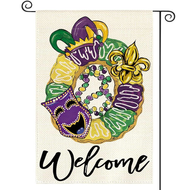 AVOIN colorlife Mardi Gras Donut Garden Flag 12x18 Inch Double Sided, Mask Fleur de Lis Welcome New Orleans Carnival Yard Outdoor Decoration
