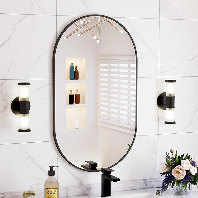BEAUTYPEAK Wall Mounted Mirror, 22"x38" Oval Bathroom Mirror, Black Vanity Wall Mirror w/Metal Frame for Vertical & Horizontal Hang, Ideal for Bedroom, Entryway, Living Room