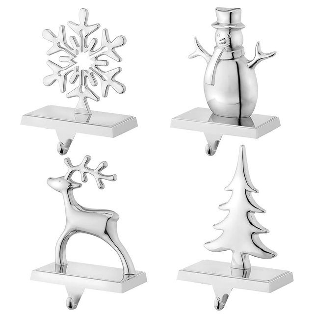 Christmas Stocking Holders for Mantel Set of 4 Reindeer Snowflake Snowman Pine Tree Vintage Metal Standing Stocking Hook Silver Sturdy Stockings Hanger for Fireplace Counter Window Decoration