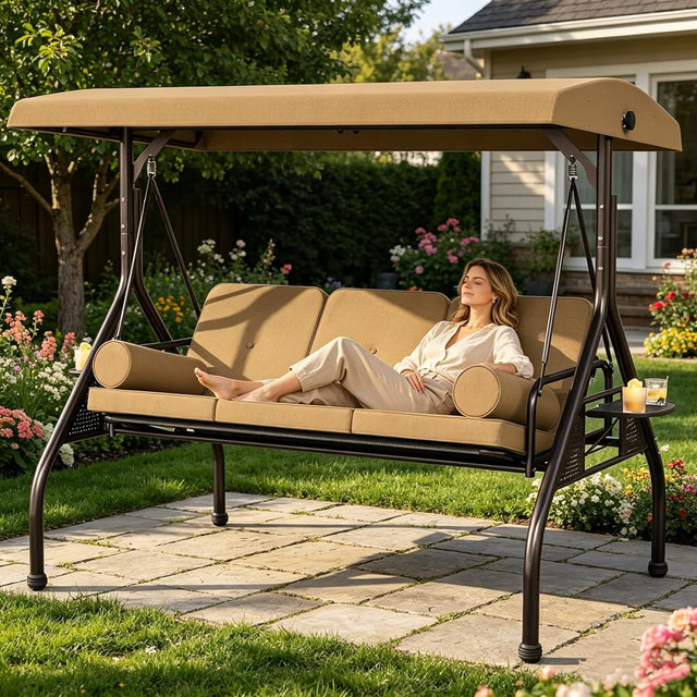 SUNCROWN Outdoor 3 in 1 Porch Swing Chair, 3 Seat Patio Swing Glider with Adjustable Canopy, Heavy Duty Swings with Thickened Cushions, Pillows & Cup Holders for Garden, Backyard, Porch, Brown
