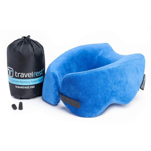 Travelrest Ultimate Memory Foam Travel Pillow/Neck Pillow - Therapeutic, Ergonomic & Patented - Washable Cover - Most Comfortable Neck Pillow - Compresses to 1/4 of its Size (2 Year Warranty) (Blue)