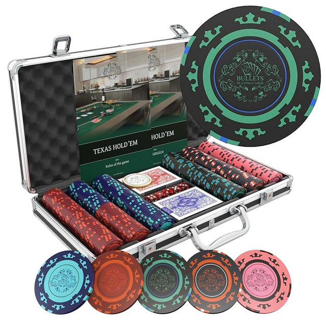 Bullets Playing Cards | Poker Set Corrado | 300 Clay Poker Chips (14 g) with Aluminum Case, Plastic Playing Cards & Dice – Texas Hold’em, Blank Chips Without Denominations