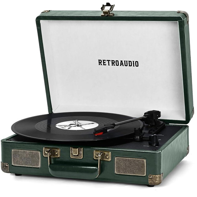 Vinyl Record Player 3 Speed Bluetooth Portable Suitcase Belt-Driven Record Player with 2 Built-in Stereo Speakers Vinyl Vintage Turntable Records Player with RCA Line Out, AUX Out (Dark Green)