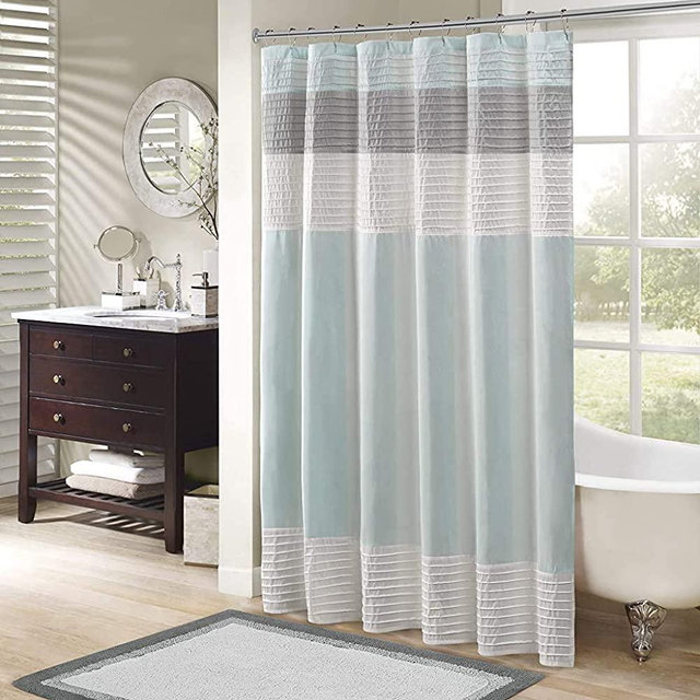 Madison Park Amherst Bathroom Shower Faux Silk Pieced Striped Modern Microfiber Bath Curtains, 72x72 Inches, Aqua