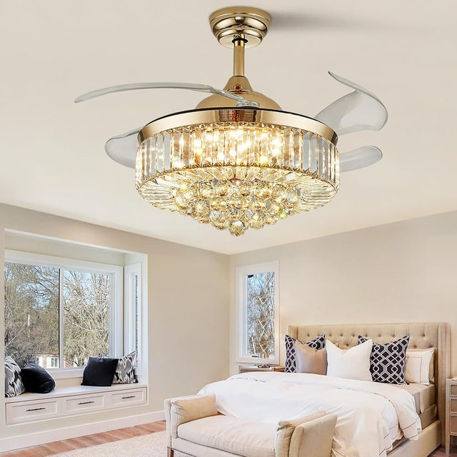 CROSSIO Modern Crystal Ceiling Fans with Lights and Remote Retractable Invisible Blades LED Dimmable Fandelier Gold Chandelier Ceiling Fan for Dining Room, Living Room, Bedroom 42 Inches