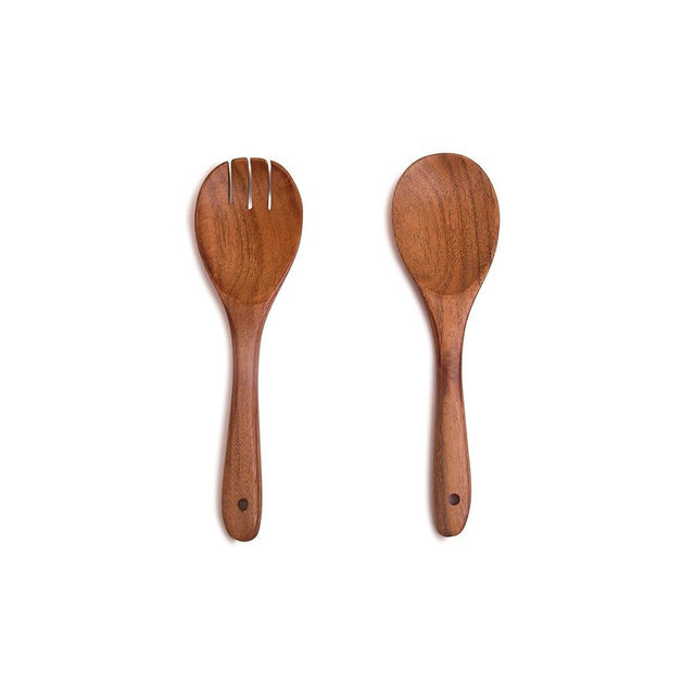 8 Inch Acacia Wood Salad Server Set Wooden Mixing Tongs Dinner Fork & Spoon Serving Utensils For Tossing Salad Handmade Cookware Salad Cooking Utensils & Accessories For Kitchen, Natural Brown