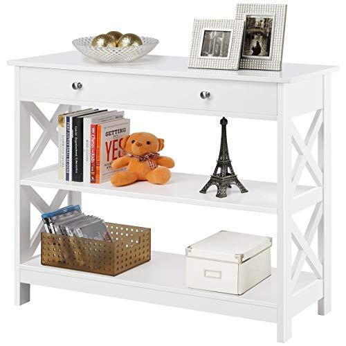 Yaheetech 3 Tier Sofa and Console Table with Storage Shelf & Drawer - Classic X Design Display Rack Bookshelf for Living Room Entryway Hallway, White