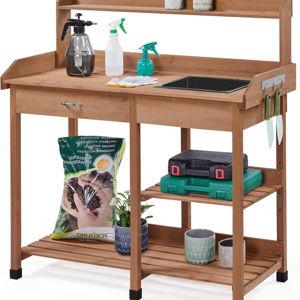 Yaheetech Potting Bench Outdoor Garden Work Bench Station Planting Solid Wood Construction for Horticulture w/Sink Drawer Rack Shelves Brown
