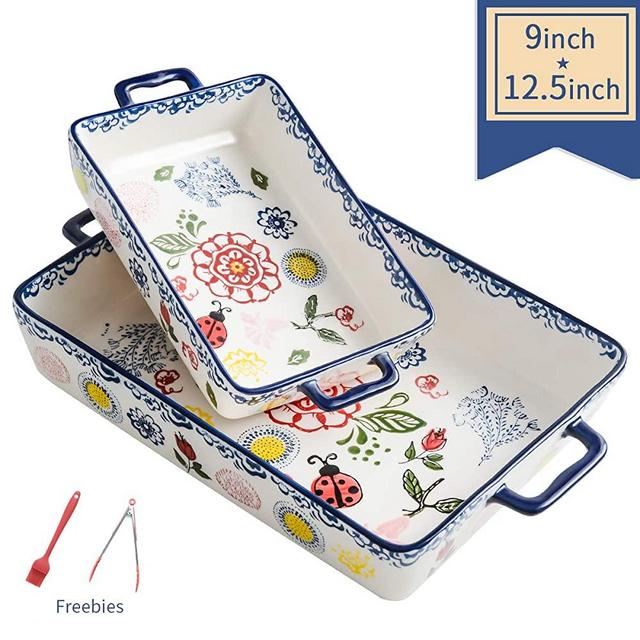 Ceramics Rectangular Baking Dish Set, 2-piece, Baking Pans for Cooking,Cake dinner, Kitchen, Banquet and Daily Use, Stoneware Hand-painted Lasagna Pan,12.5 x 7.5 Inch and 9 x 5 Inch