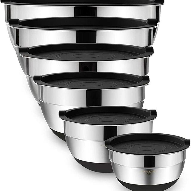 Mixing Bowls with Airtight Lids，6 piece Stainless Steel Metal Nesting Storage Bowls by Umite Chef, Non-Slip Bottoms Size 7, 3.5, 2.5, 2.0,1.5, 1QT, Great for Mixing & Serving(Black)