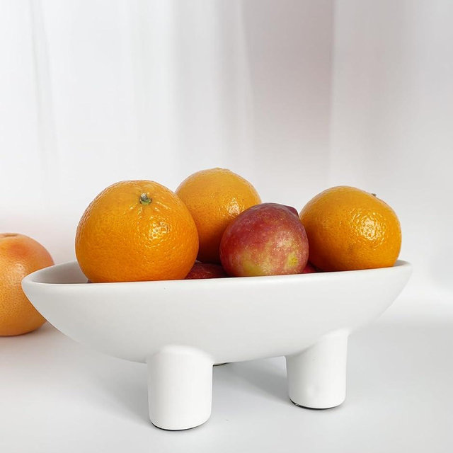 Samchilderlan Ceramic Fruit Bowl for Kitchen Counter, Three-Legs Decorative Bowl for Table Décor, Modern Pedestal Bowl 10inch Large Centerpiece Bowl for Breads/Nuts (Matte White)