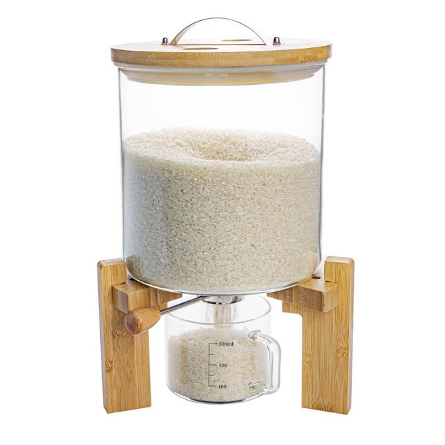 Rice Dispenser, Rice Storage Container, Flour and Cereal Container for Kitchen Organization and Pantry Store, Glass Cereal dispenser with Airtight Lid and Wooden Stand 5L