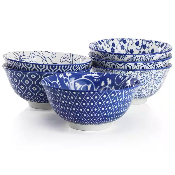 Elama Elama Emma 6-Piece Assorted Design 20 oz. Porcelain Footed Bowl Set in Blue 985122096M