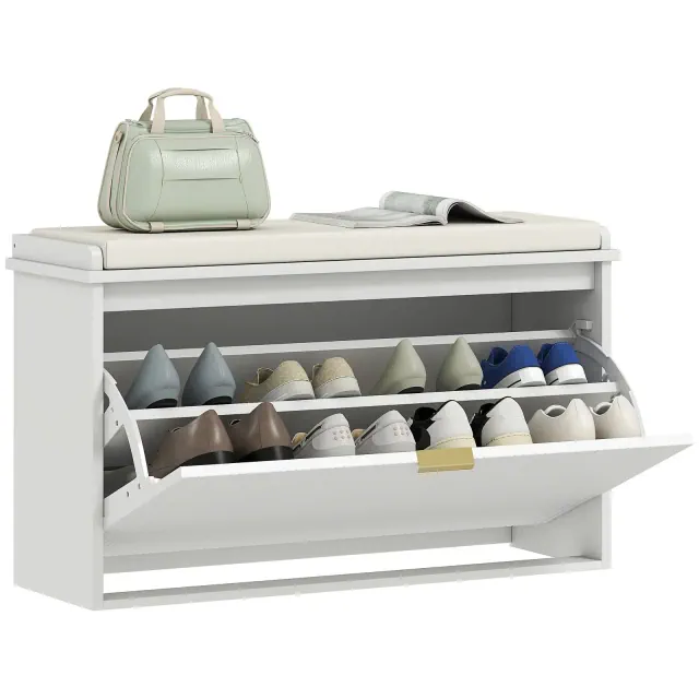HOMCOM Shoe Bench with Padded Seat Cushion and Flip-Drawer, Entryway Bench Holds up to 265lb, 31.5x10.2x18.7 Inches, White