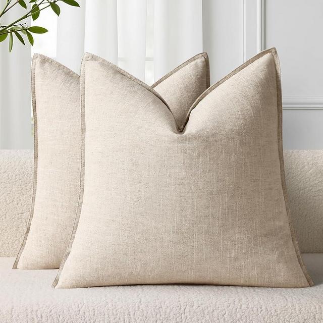 decorUhome Christmas Decorative Linen Throw Pillow Covers 20x20 Inch Set of 2 Natural Beige Soft Pillow Covers with Flange Edges Soft Farmhouse Boho Accent Pillow Cases for Couch Sofa Bed Living Room
