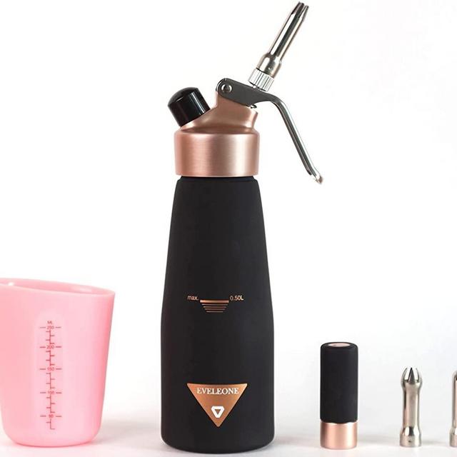 Professional Whipped Cream Dispenser with Stainless Steel holder - Heavy-Duty Whip Cream Dispenser - Whipped Cream Maker Canister with Silicone Measuring Cup Cleaning Brushes and Stainless Metal Tips