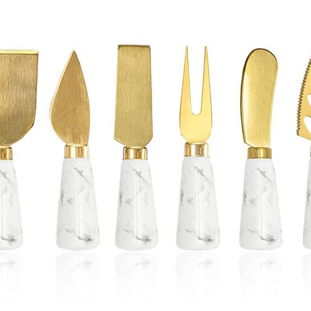 Golden Cheese Knife Set 6 Piece, Marble Handle Butter Spatula Knives, Cheese Spreader Cutter with Ergonomic Ceramic Handle, Cheese Shaver and Fork for Holiday, Birthday, Wedding, Party (Gold)