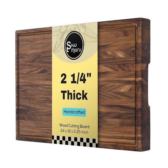 Shumaru Butcher Block Cutting Board – [24" x 18" x 2.25"], Edge-Grain Tropical Walnut Kitchen Chopping Block with Non-Slip Feet, Built-in Handles & Juice Groove