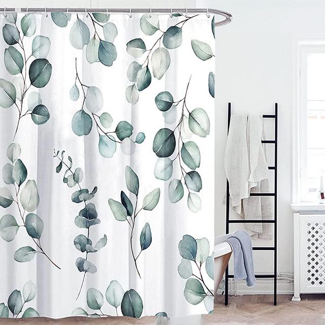 Eucalyptus Leaves Shower Curtain for Bathroom-Watercolor Shower Curtain Waterproof Polyester Bath Curtain Textured Fabric Shower Curtain with 12 Hooks