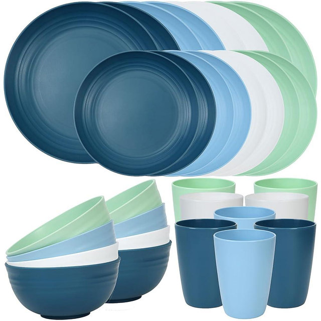 Quatish 32 Piece Plates and Bowls Sets for 8, Unbreakable Dinnerware Sets, Plastic Dish Set for Camping, Dishwasher & Microwave Safe, Outdoor Kitchen and Apartment Dinning RV Essentials, Blue