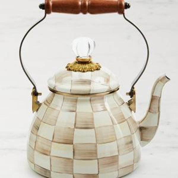 MACKENZIE-CHILDS Enamel Tea Kettle, Stylish Tea Kettle for Stovetop, Brown-and-White Mocha Check, 2 Quarts