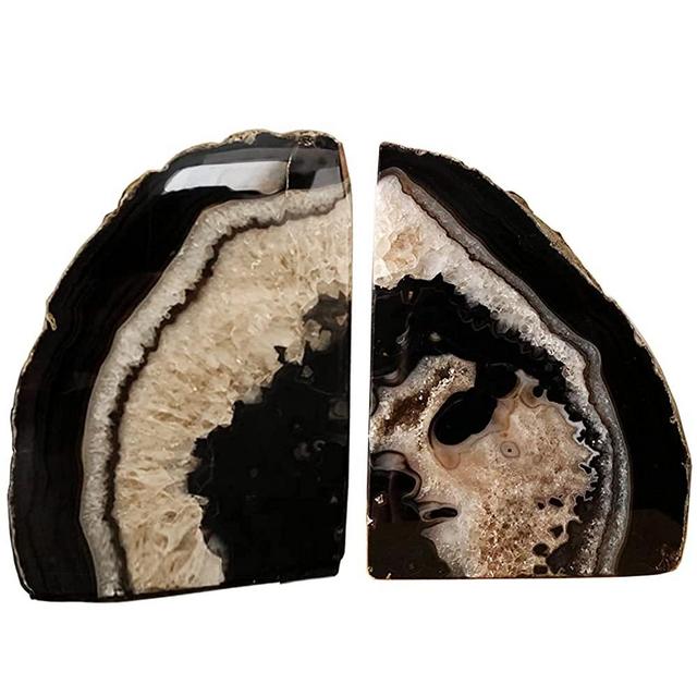 AMOYSTONE Crystal Stone Bookends Decorative Agate Book Ends Holder Geode Bookend Heavy Duty Dyed Black Color (1 Pair, 4-6 LBS)