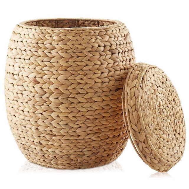 Casafield Round Storage Basket with Lid - Natural, Handwoven Water Hyacinth Organizer for Laundry, Blankets, Plants, Bedroom, Living Room, Home Office