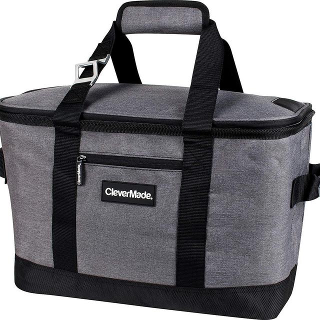 CleverMade SnapBasket 50 Can, Soft-Sided Collapsible Cooler: 30 Liter Insulated Tote Bag, Heathered Charcoal/Black