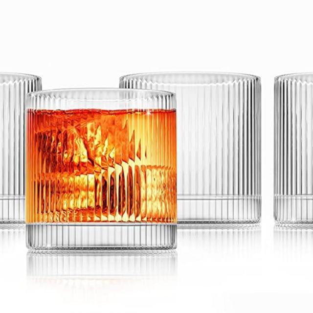 LEMONSODA Vintage Straight Line Highball Cocktail Drinking Glasses and Tumblers (10 oz Tumblers - Set of 4)