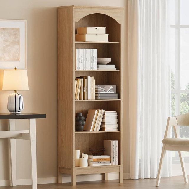Arched Bookshelf with 5 Tier Open Shelves, 71" Tall Wood Bookcase with Adjustable Shelves, 24" Wide Floor Standing Display Storage Shelf for Home Office, Kitchen, Study and Living Room, Natural Oak