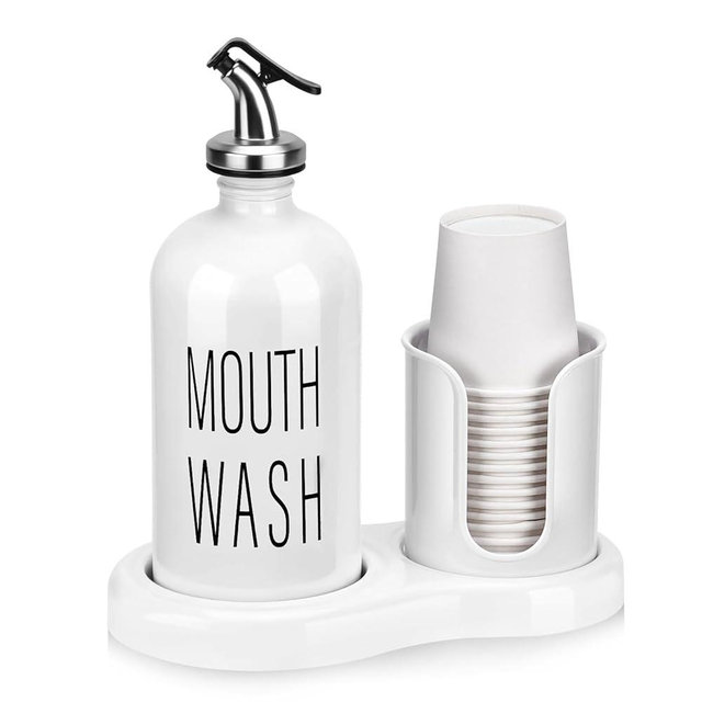 Mouthwash Dispenser for Bathroom,BYAWAY Mouthwash Dispenser with Cup Holder,14 Mouthwash Cups and Funnel,Refillable Glass Mouthwash Container (White)
