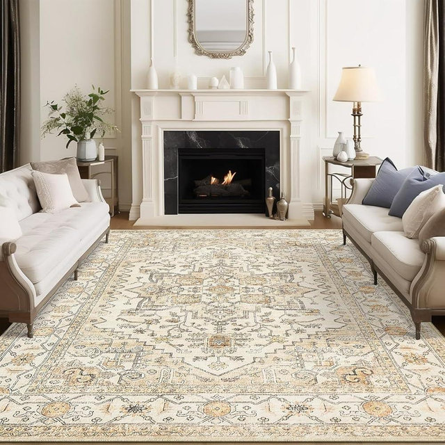 Area Rugs for Living Room - 9x12, Boho Non-Slip Low Pile Carpet Machine Washable Rugs for Bedroom, Farmhouse, Office, Dining Room (Gold)