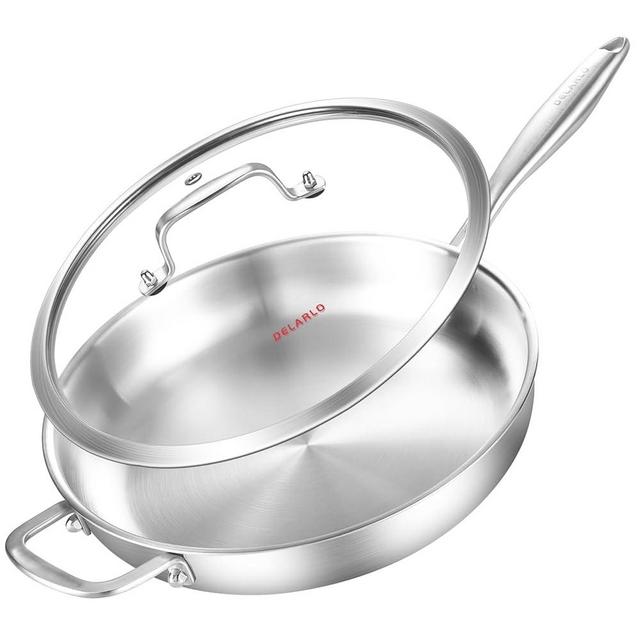 DELARLO Tri-Ply Stainless Steel 12inch Frying Pan With Lid, Oven safe induction Large skillet,pots and pans set,Suitable for All Stove