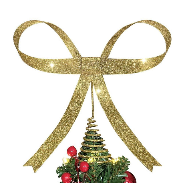 Yhthoha Large Metal Bow Christmas Tree Topper,9.4 Inch Glitter Gold Tree Topper,Gold Bow Christmas Tree Decorations for Xmas Home Decor Holiday Party Indoor Outdoor Shop Office