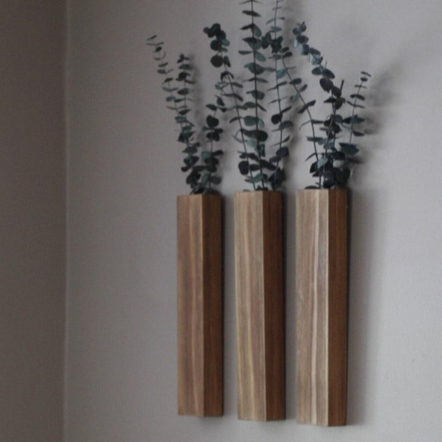 Slim Wood Wall Pocket with Eucalyptus Stems | Wood Hanging Vase