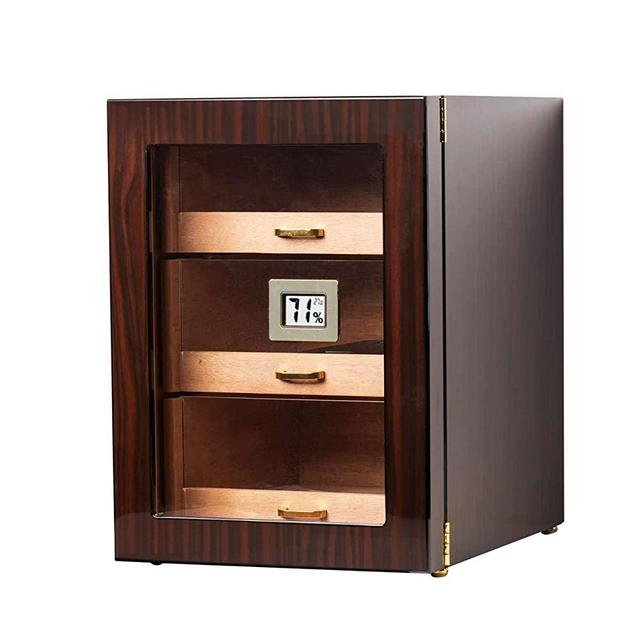 Woodronic Handmade Cigar Humidor Cabinet with Digital Hygrometer for 100 to 150 Counts, Spanish Cedar Lined Cigar Box with 3 Larger Drawers and 2 Humidifiers