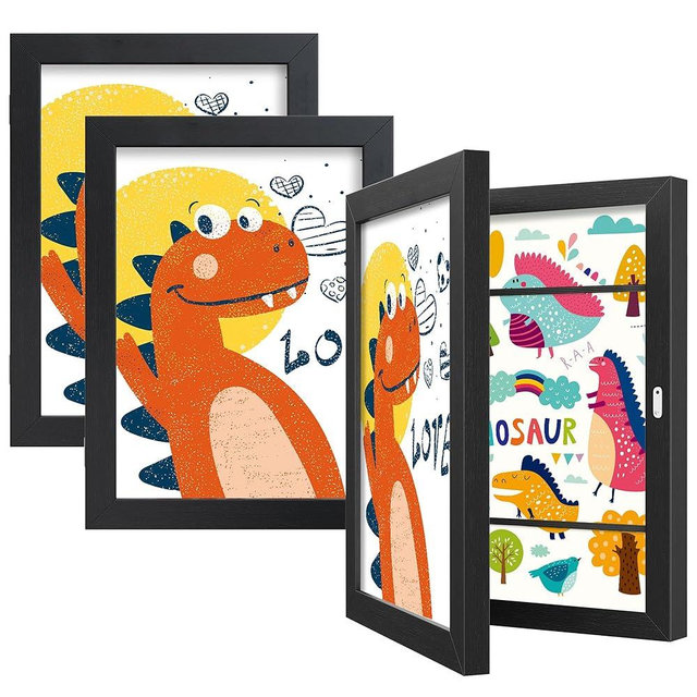 BAIJIALI Black Art Frames for Kids Artwork - Front Opening Holds 150 Drawings, 3D Crafts - 3 Packs 8.5x11 with mat or 9x12 without Mat