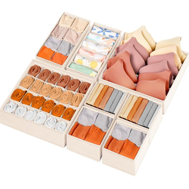 Drawer Organizer Clothes, 8 Pack Dresser Organizer Bins for Baby Clothes, Underwear Sock, Fabric Closet Organization and Storage Dividers for Nursery Bedroom (48 Compartments, Beige)