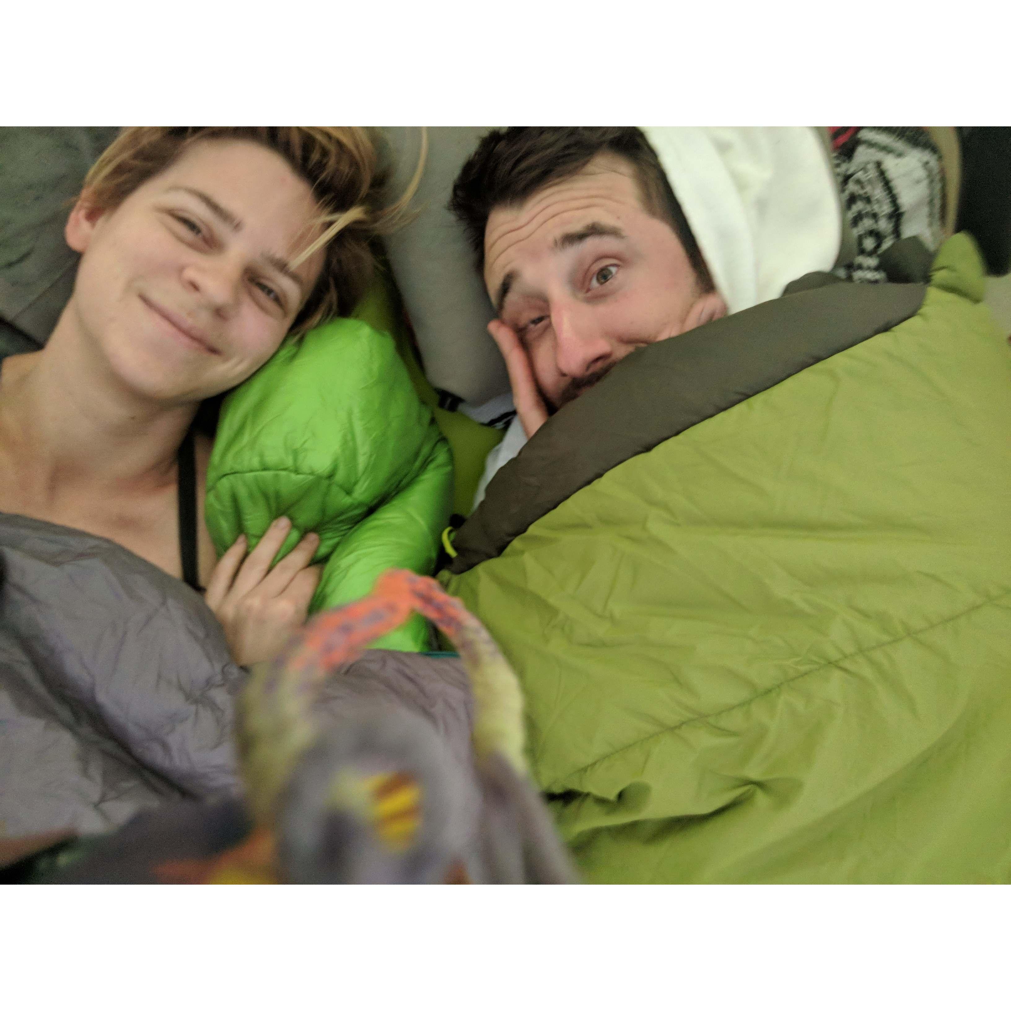 My favorite worst photo of us. Camping at the Grand Canyon, waking up early to hike the gorge