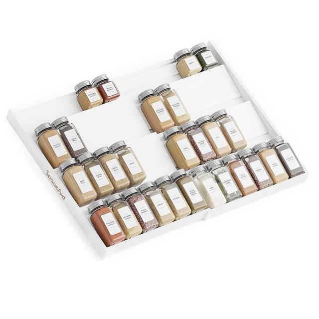 SpaceAid Bamboo White Spice Drawer Organizer, (Need 3" Deep Drawer) Expandable 4 Tier Spices Rack for Cabinet, Kitchen Seasoning Storage Insert (Jars Not Included, From 12" to 23" Wide)