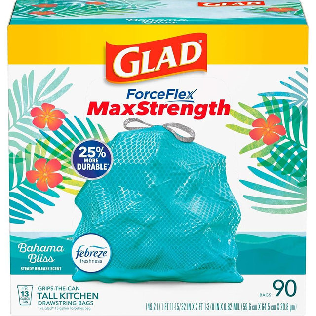 Glad ForceFlex MaxStrength Tall Kitchen Drawstring Trash Bags, 13 Gallon, Bahama Bliss, Teal, 90 Ct