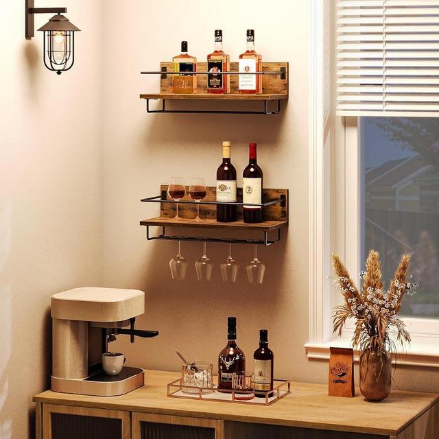 HOOBRO Wall Mounted Wine Rack 2 Pack, Wine Shelf Hanging Floating Wall Shelves, Wine Glass Bottle Rack Stemware Holder, for Living Room, Dining Room, Kitchen, Rustic Brown and Black BF28BJ01