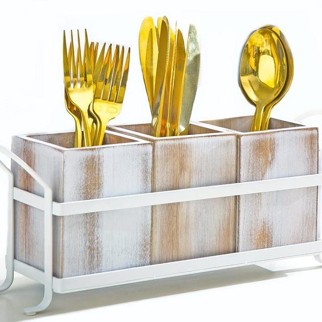NelyBet Silverware Caddy Utensil Organizer for Countertop, Flatware Caddy with Metal Rack, Wooden Utensil Cutlery Holder with 3 Compartment for Kitchen Decor and Party -White