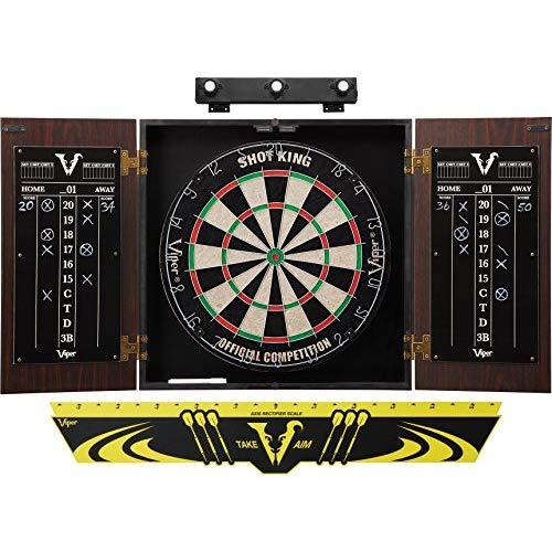 Viper Stadium Cabinet & Shot King Sisal/Bristle Dartboard Ready-to-Play Bundle with Two Sets of Steel-Tip Darts, Throw Line, and Dry Erase Scoreboards, Walnut Finish