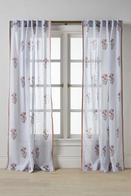 Cotton Block Print Curtain with Striped Trim