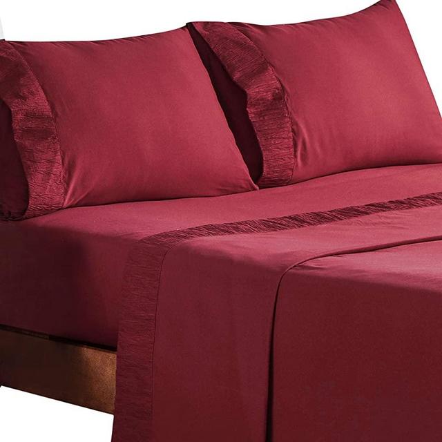 Bedsure Bed Sheet Set - Embossed Burgundy Red Bed Sheets Queen - Soft Brushed Microfiber, Wrinkle Resistant Bedding Set - 1 Fitted Sheet, 1 Flat Sheet, 2 Pillowcases (Queen, Burgundy)