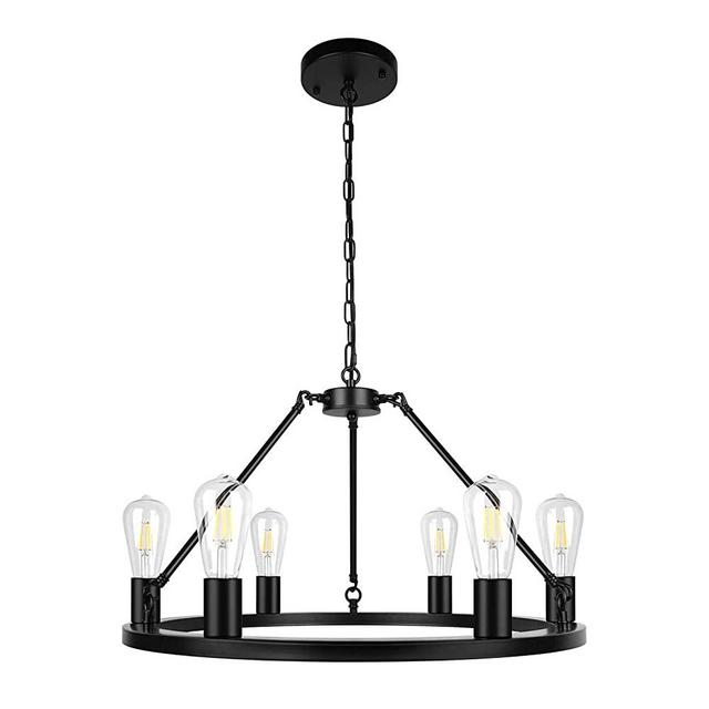 6-Light Black Industrial Farmhouse Chandelier, Wagon Wheel Modern Round Kitchen Island Lighting for Dinning Room Bedroom Foyer
