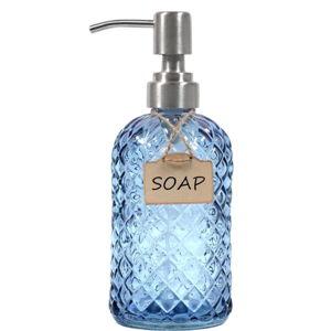 Bathroom & Kitchen Glass Hand and Dish Soap Dispenser with 304 Rustproof Stainless Steel Pump (Blue)