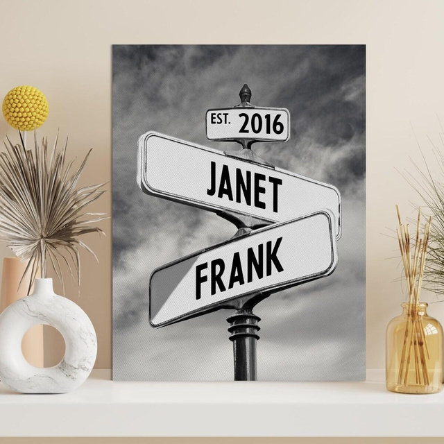 Personalized Canvas Vintage Street Sign For Couples, Custom Name And Date Street Sign Canvas Print, Crossroads Street Sign Anniversary Gift