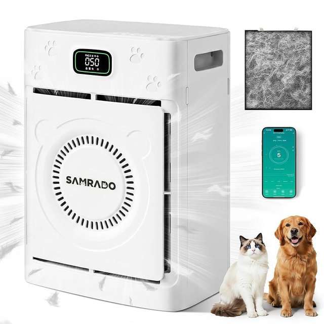 Smart Pet Hair Air Purifier For Home Large Room 2500 Sq Ft, True H13 HEPA Filter, Actively Sucks Up Dander Odor Smoke, Washable Mesh, WiFi App Control, White